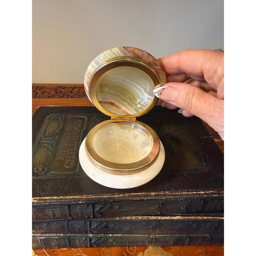 Vintage Onyx Jewelry Box - Small Round Stone Trinket Box
